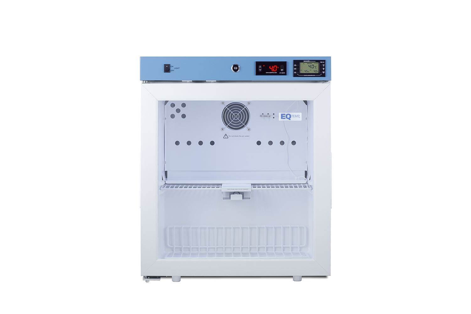 Compact healthcare all-refrigerator certified to NSF/ANSI 456 with self-closing glass door, front lock, digital controls, and NIST-calibrated temperature readout